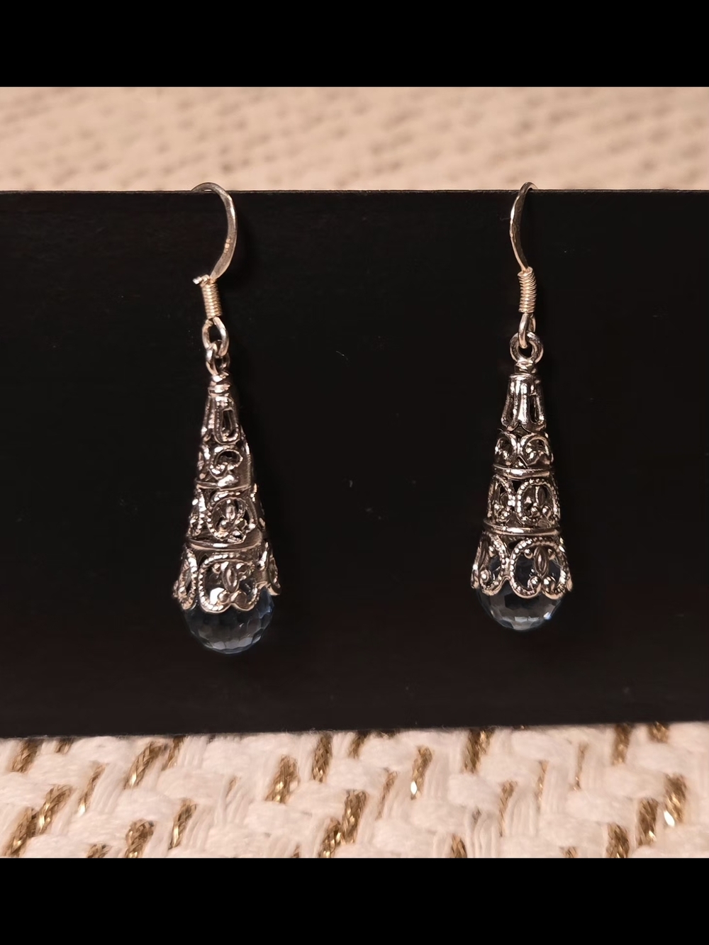 925 Silver Filigree Teardrop Earrings with Light Blue Crystal